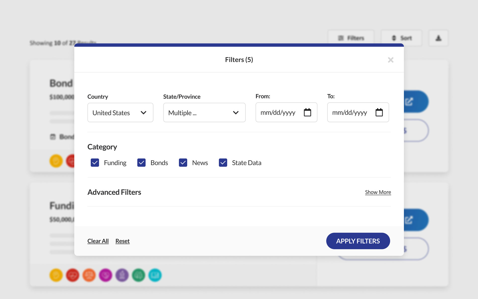 Funding Tool Filter Mockup